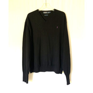 POLO Ralph Lauren Mens Sweater XL Pullover Lambswool Wool Navy Blue Vneck